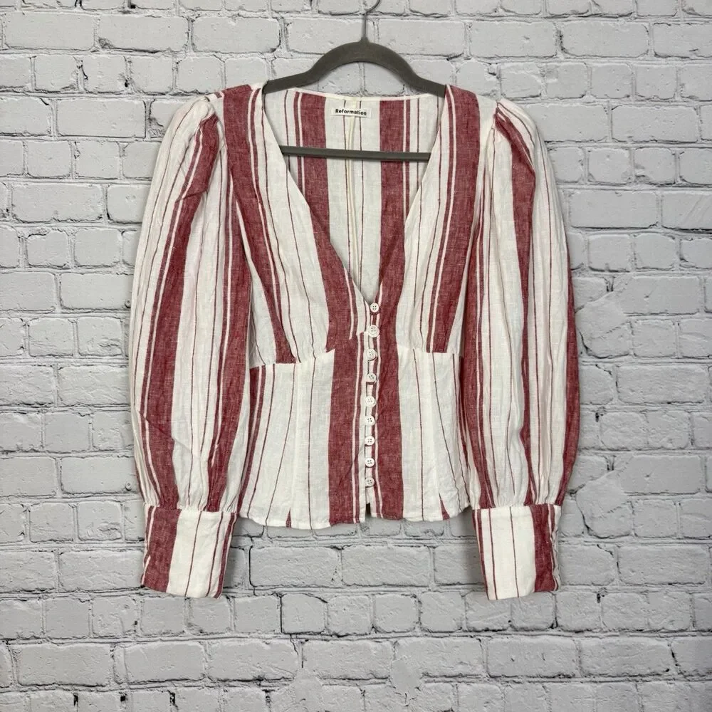 Reformation Finnegan Linen Striped Blouse Top White Red Stripe Size 4 Coastal